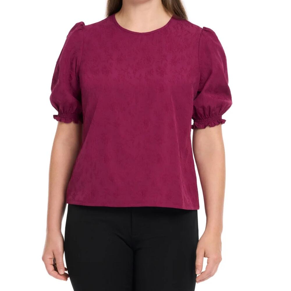 Ted Baker Magenta Jacquard Puff Sleeve Blouse Textured Floral Short Sleeve Top L